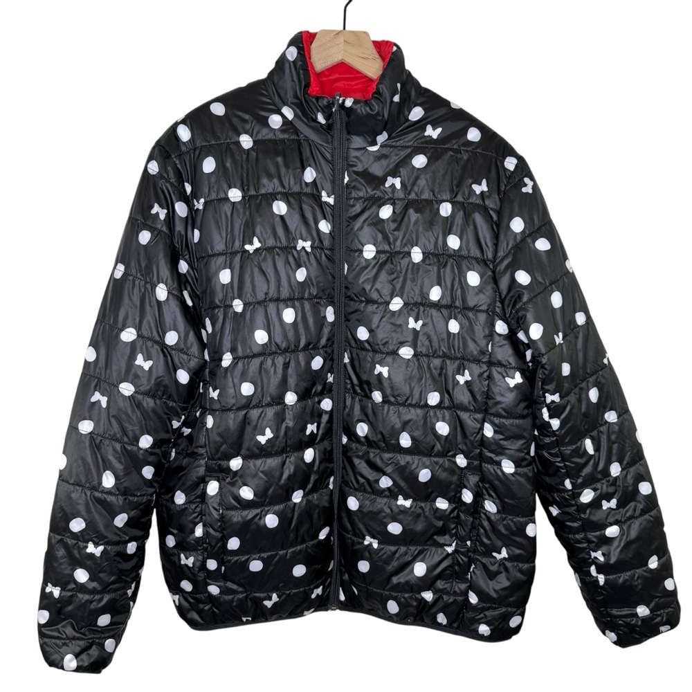Disney Black Puffer Jacket with White Polka Dots and Red Lining